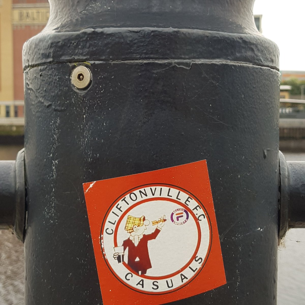 Crass cultural appropriation of Andy Capp by Northern Ireland's Cliftonville F.C. Casuals on Newcastle Quayside...