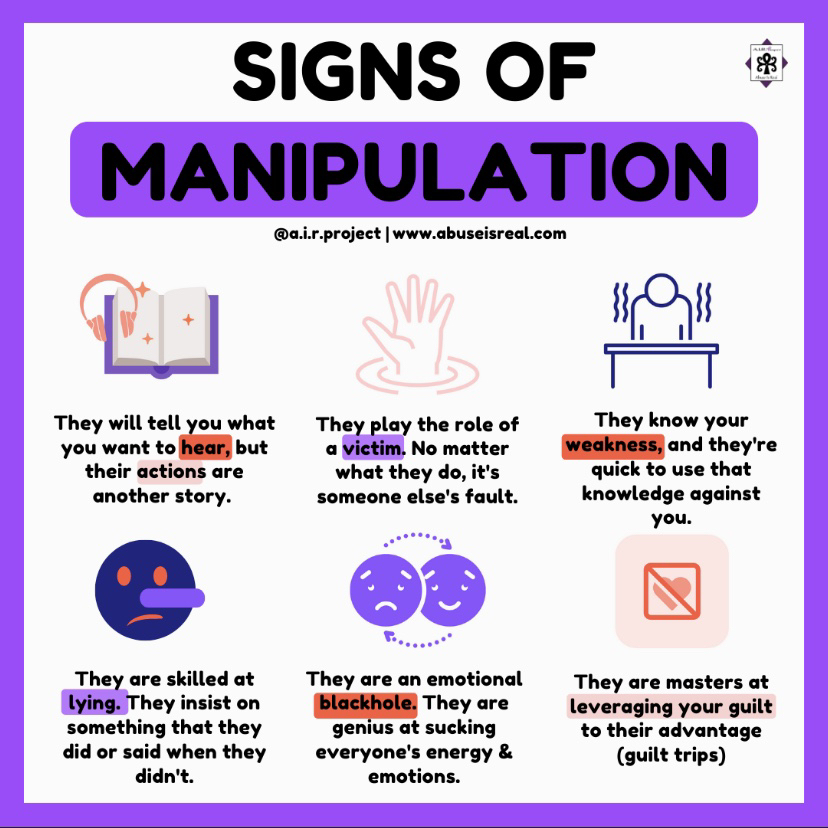 believeyourair's tweet photo. If you notice these signs of manipulation within your relationship then talk to someone you trust! It is important to be in a relationship that is healthy! #airproject #airproject💜 #manipulation #healthyrelationship https://t.co/oClV5HGp8U
