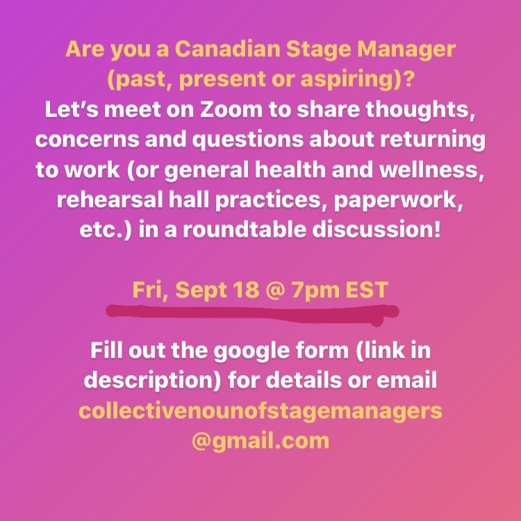 bitwhizzle's tweet photo. Fri, Sept 18: 7pm to 9pm, Canadian SMs are having a stage management roundtable via Zoom to talk about returning to work. https://t.co/z526RhpABH #stagemanagers #stagemanagement #smlife #asmlife #theatre #artsworkers https://t.co/FVhho2o6rn