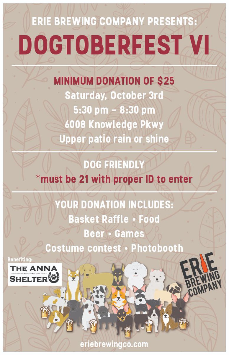 DOGTOBERFEST IS SATURDAY, OCTOBER 3RD! 🐾 Who's ready for a "PAWESOME" event benefiting <a href="/TheAnnaShelter/">The ANNA Shelter</a>? Get your pups ready for a fun evening <a href="/ErieBrewingCo/">Erie Brewing Company</a> Knowledge Park! <a href="/BreweriesinPA/">Breweries In PA</a> 

Tickets are available here: eriebrewingco.com/collections/ne…
