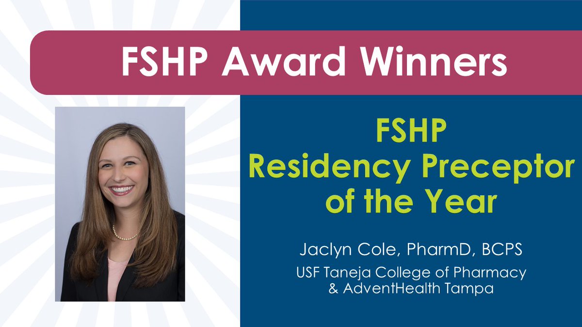 FSHPOfficial's tweet photo. Congratulations to Jaclyn Cole, recipient of the #FSHP2020 Residency Preceptor of the Year award!!π
#PharmacyLeaders #FloridaPharmacy #Pharmacy https://t.co/AeKd3rHXAU