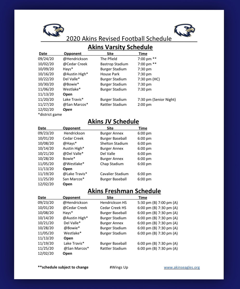 2020 Akins Revised Football Schedule #WingsUp  #LoveBlueLiveGold 💙💛🦅