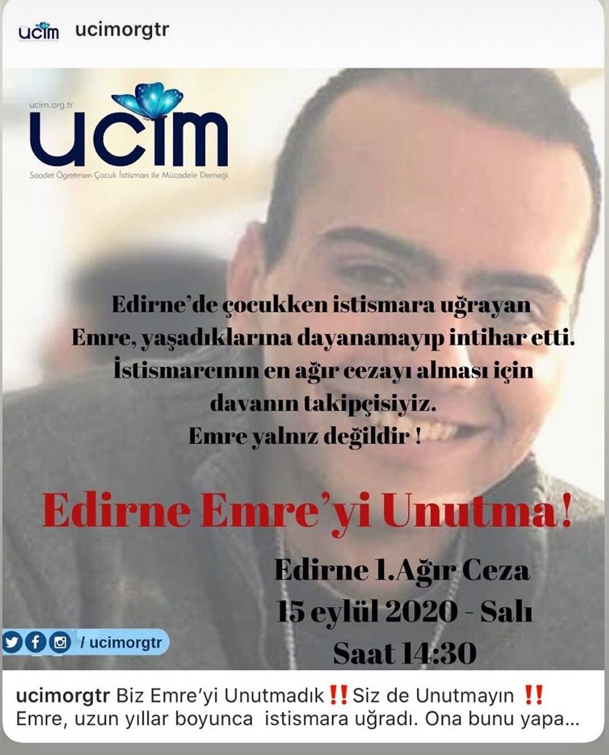 Emre bir zamanlar çocuktu ve onun güzel dünyasını bir istismarcı mahvetti ,Emre’ye yaşattığı istismar onu intihara sürükledi .Emre’nin ölümünün sebebi olan istismarcının adalet önünde en ağır cezayı almasını istiyoruz . Salı günü #EmreİçinAdaletGelmeli <a href="/ucimorgtr/">UCİM</a> <a href="/yucelceylancom/">Yücel Ceylan</a>