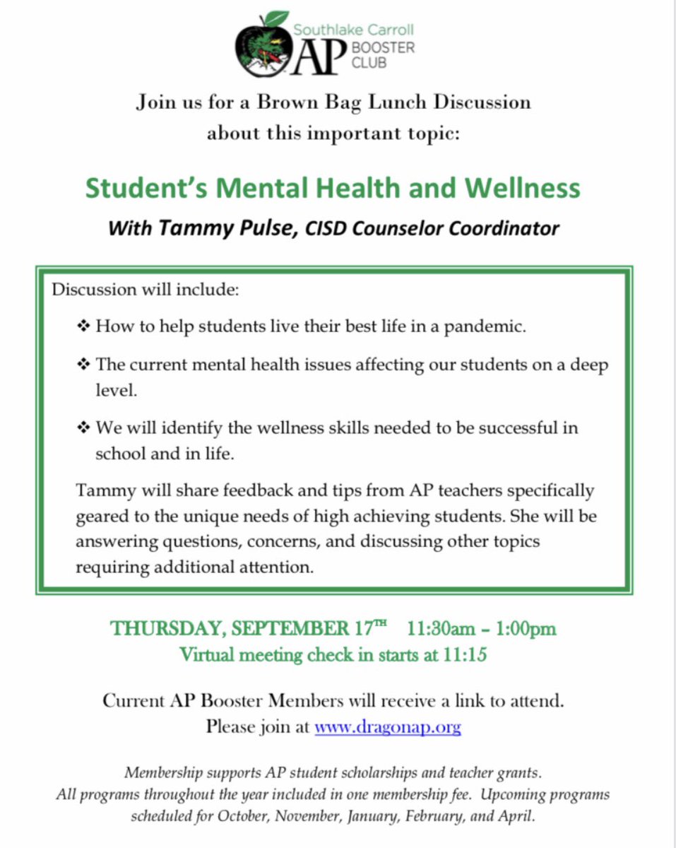 Join us for this compelling and informative program with Tammy Pulse, CISD Counselor Coordinator  @carroll_isd - All attendees must be members. Join now dragonap.org