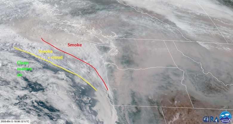 A satellite image showing how cleaner air is very slowly pushing the smoke out of western Washington. 