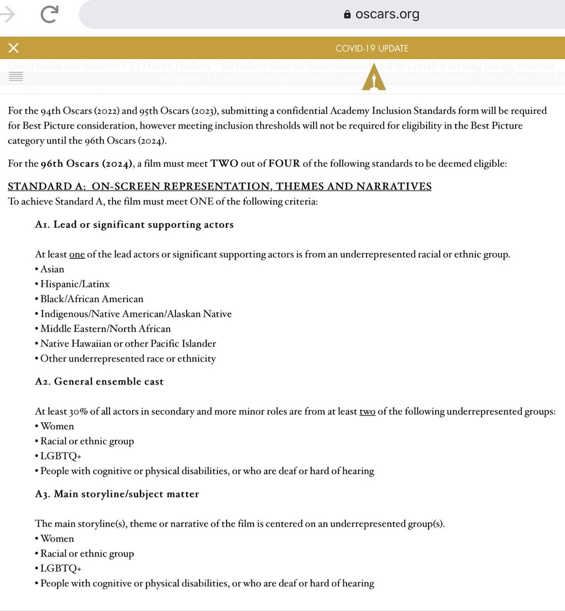 The new Oscar rules require a film meet 2 of 4 representational categories, the first of which is minority characters/actors. You can comply with 2 of the 3 other categories involving distribution/marketing but requiring white writers to write white-only films violates the spirit