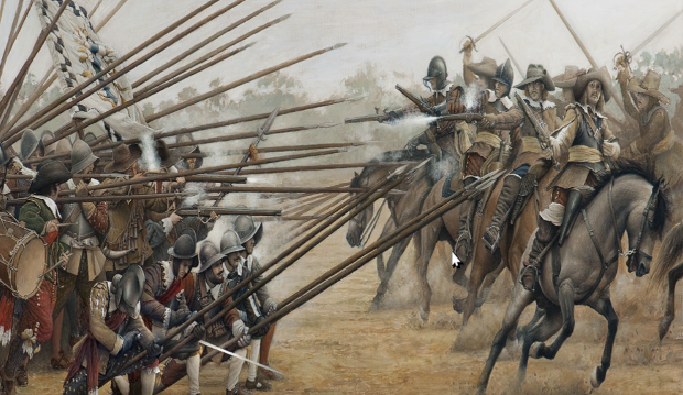 So, we’re going to start with a bit of background on how war was fought in the 17th century. The 17th century was the tail-end of the pike and shot era. Basically, musketmen did most of the killing, but needed to be protected by pikemen from cavalry. In early pike and shot