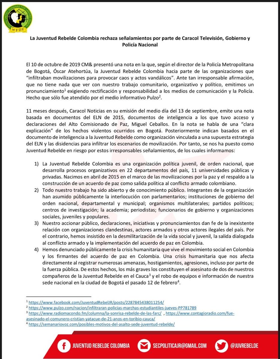 JuvREBELDE's tweet photo. Señores de @NoticiasCaracol y @ComisionadoPaz no somos una organización clandestina.
Hemos dado entrevistas en sus instalaciones, hemos estado en reuniones en su despacho. Nos han puesto en riesgo en medio del juvenicidio que sufre el país. https://t.co/UsTxvYrxKb