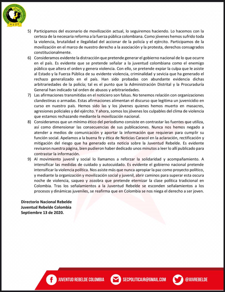 JuvREBELDE's tweet photo. Señores de @NoticiasCaracol y @ComisionadoPaz no somos una organización clandestina.
Hemos dado entrevistas en sus instalaciones, hemos estado en reuniones en su despacho. Nos han puesto en riesgo en medio del juvenicidio que sufre el país. https://t.co/UsTxvYrxKb