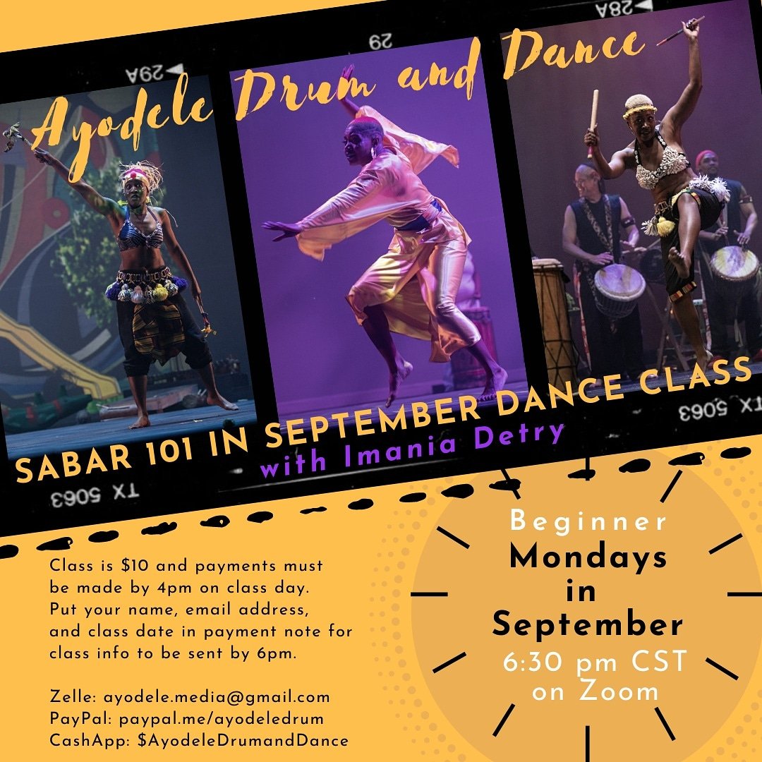 AyodeleDrum's tweet photo. Join us online for #BeginnerMonday on 9/17 with Imania Detry for Sabar 101 at 6:30pm (CST). Class is $10. Make payment with name and address by 4pm (CST).  Zoom 🔗 sent by 6pm (CST).
Zelle: ayodele.media@gmail.com
PayPal: https://t.co/BUFQhkmlZV 
Cash App: $AyodeleDrumAndDance https://t.co/Cx72YCqIyn