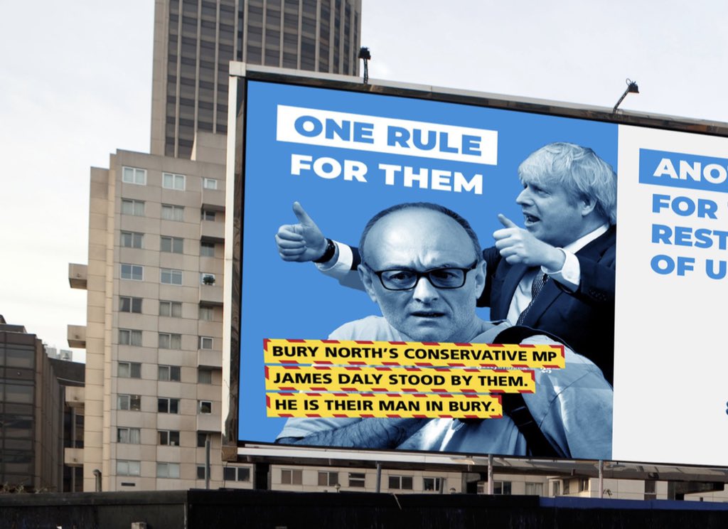 .@JamesDalyMP has the smallest majority. 🗳 

Tomorrow, the Govt will ask him to vote to break the law.

Daly stood by Boris and Cummings when he broke lockdown. 

Is it time for a billboard campaign exposing his true colours in Bury North? 

Retweet. If we get 1000, it’s on.