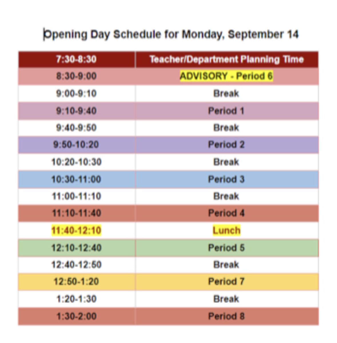 Here’s the modified schedule for Sept. 14th.  Students will start off in Advisory and attend all of their classes. If students do not have Classroom codes, their advisors will have the master list.  We thank our school community for their flexibility and patience.  #oakerstrong