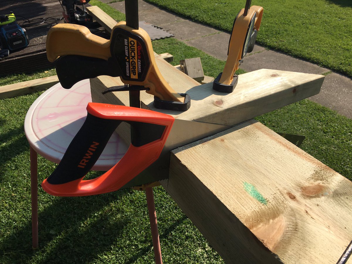 kerry_truman's tweet photo. as a consequence of moving the old shed and onto a new frame raised with #QuickJacks.. I am now tasked to build a raised border made from these sleepers.. not the heavy and more costly Oak variety, but still about 35kg.. I knew I should have got workhorses..!? #MakersHour 😆 https://t.co/G7umfcoYjv