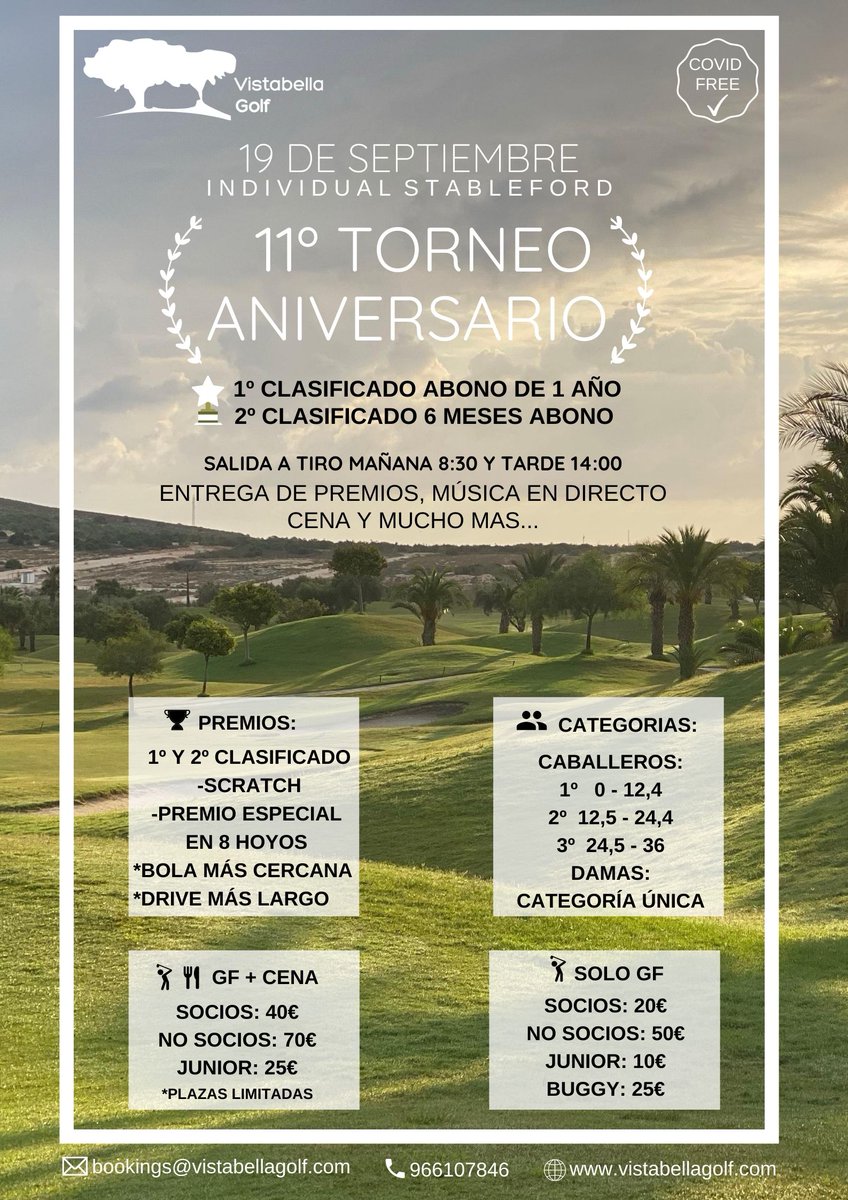 GolfChainGolf's tweet photo. ¡El próximo sábado 19 de septiembre se celebrará el XI torneo aniversario de Vistabella Golf!

Si quieres participar aquí tienes toda la información sobre el torneo y la inscripción 👇
https://t.co/ZxKZaOZGGH

¿Te lo vas a perder?

#torneogolf #golf #COVIDfree #jugaralgolf https://t.co/xW28v7Dp5d
