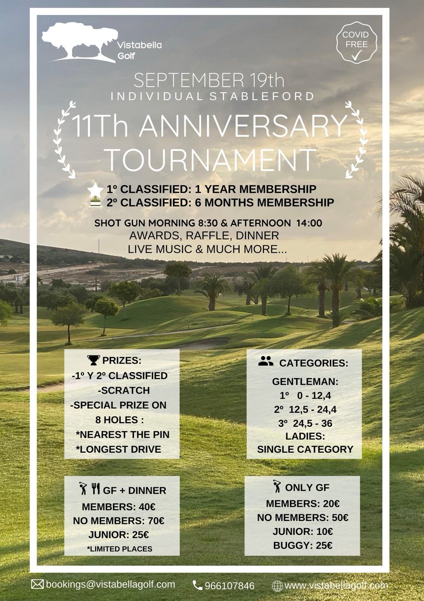 GolfChainGolf's tweet photo. ¡El próximo sábado 19 de septiembre se celebrará el XI torneo aniversario de Vistabella Golf!

Si quieres participar aquí tienes toda la información sobre el torneo y la inscripción 👇
https://t.co/ZxKZaOZGGH

¿Te lo vas a perder?

#torneogolf #golf #COVIDfree #jugaralgolf https://t.co/xW28v7Dp5d