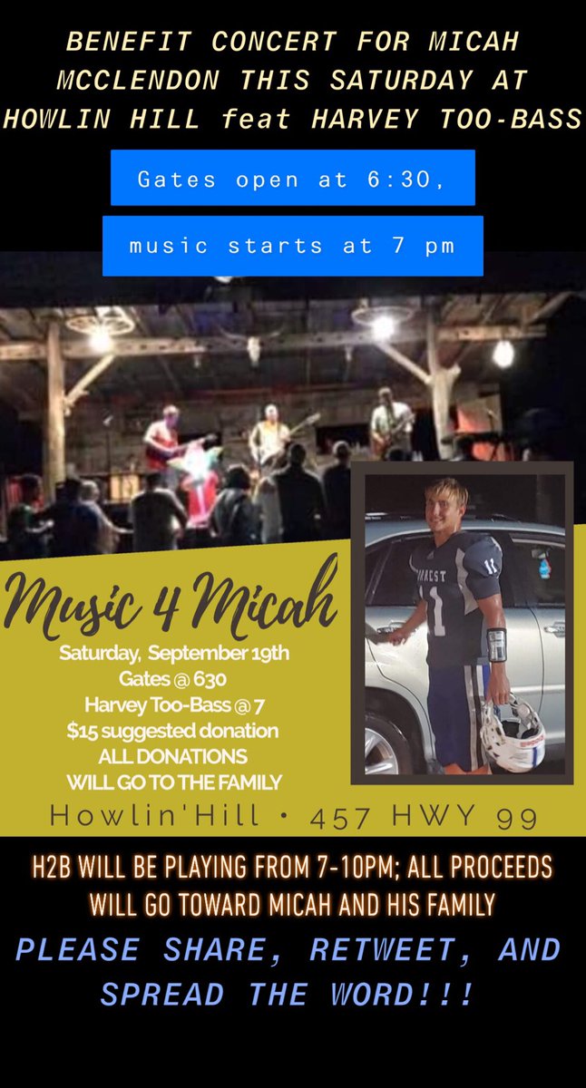 CoachABurkett's tweet photo. This coming Saturday, our band (@HarveyTooBass) will be playing a benefit concert for Micah McClendon at @HowlinHillStage from 7-10 pm (doors open at 6:30). All proceeds will go directly to Micah and his family. Please retweet and help us spread the word. #MicahStrong https://t.co/35jVHw7Wnw