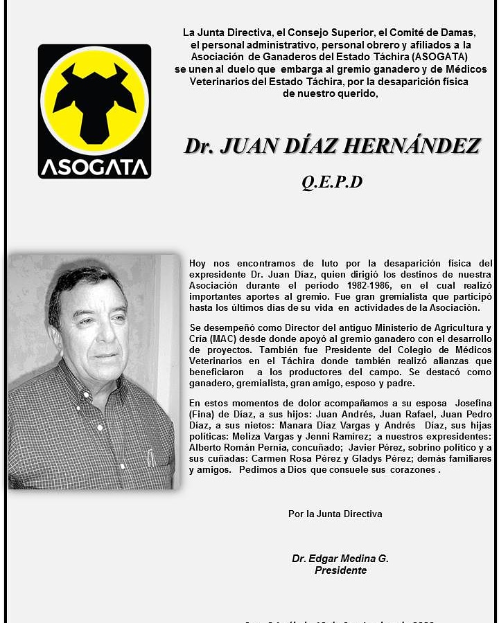 #Hoy El gremio ganadero está de luto por fallecimiento de nuestro expresidente Dr. Juan Díaz Hernández. Q.E.P.D. Nuestras condolencias a sus familiares y amigos. #luto #unidossomosgremio #fedenagasomostodos #medicosveterinarios #ganaderos @edorme @fedenagaoficial @cmv_tachira