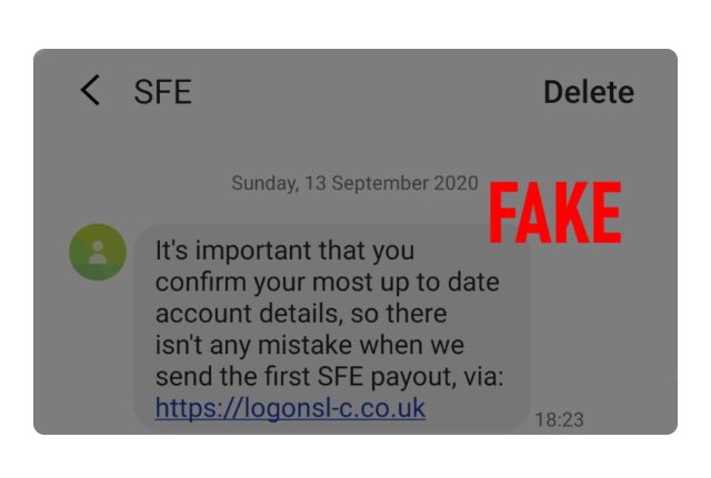 Please be careful of a fake text message from SFE! If you’ve responded to a text from them this evening - please go DIRECTLY to the Student Finance site and change your password immediately! #SFEScam