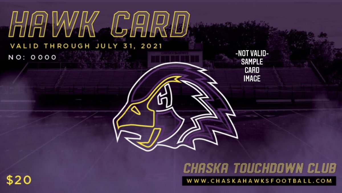 ChaskaTDClub's tweet photo. The “World Famous” 2020 Chaska Football Hawk Card is here! Order online at https://t.co/o0dwC6hraY, or pick one up on Saturday from 9a-3p at our Chaska High School or Cub Foods parking lot stands. Thanks for your continued support of Chaska Football!! https://t.co/cejJ0eZ7SE
