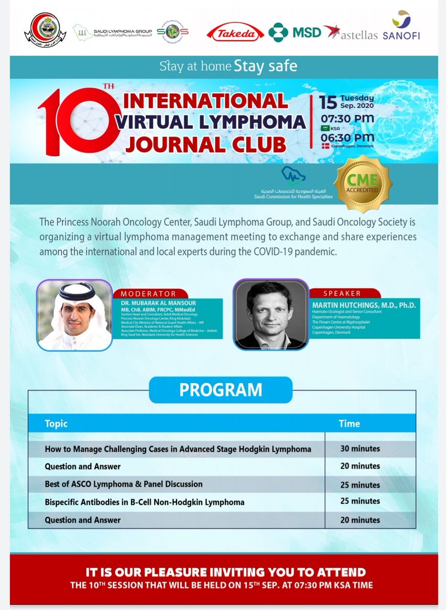 LymphomaVirtual's tweet photo. We are delighted to invite you to the 10th International Virtual Lymphoma Journal Club on Tuesday, 15th of September at 07:30 p.m. KSA local time via ZOOM Live Streaming. 

For registration, please click the below link:
https://t.co/W1ARo6Wm83 https://t.co/jeq7PW8xvV