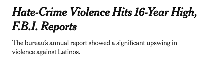 Link: 5/  https://www.nytimes.com/2019/11/12/us/hate-crimes-fbi-report.html