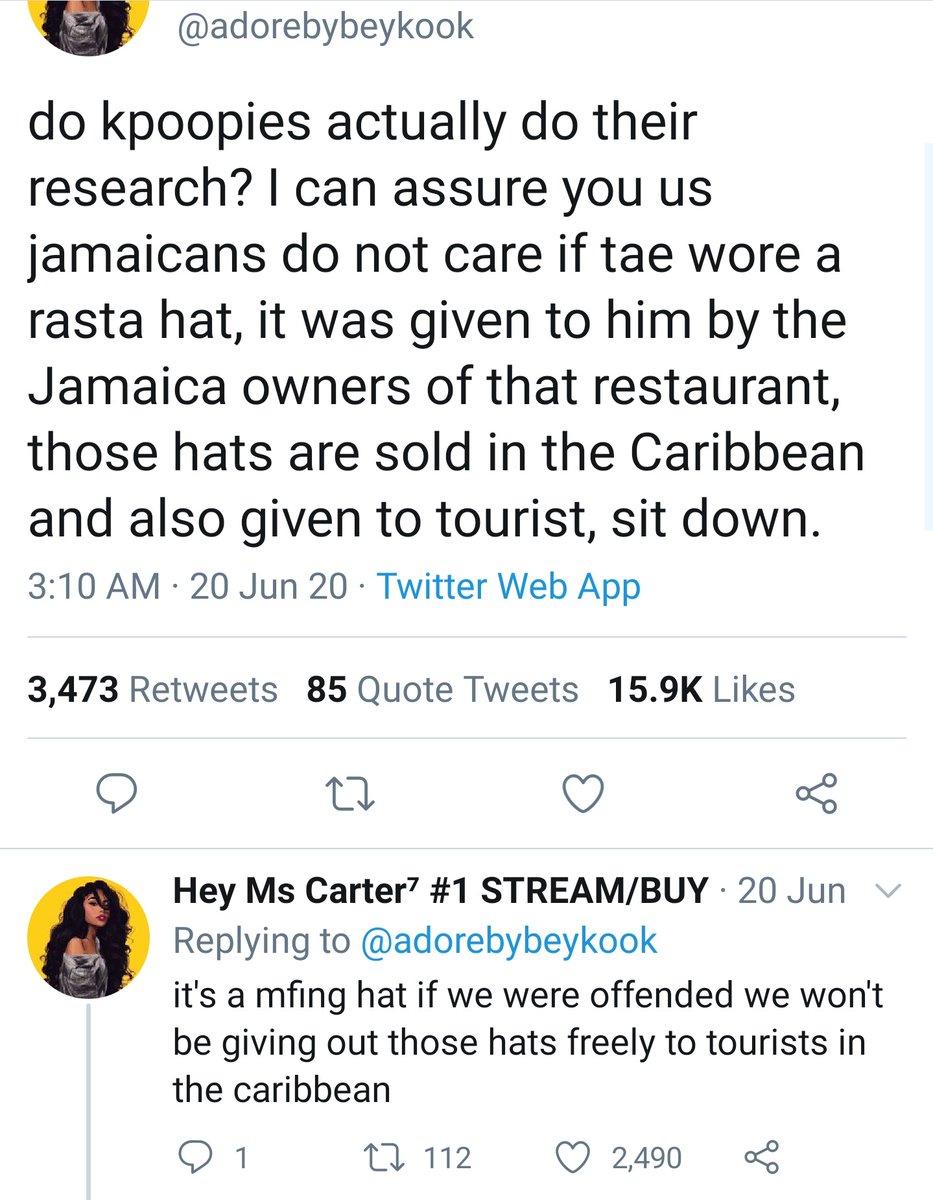 Regarding Tae wearing a rasta hat (that was given to him by the Jamaican owners of a restaurant).What Jamaicans think of it:(link of the last two pics:  https://jamaicans.com/answers/question/is-it-racist-to-wear-a-rasta-hat/)