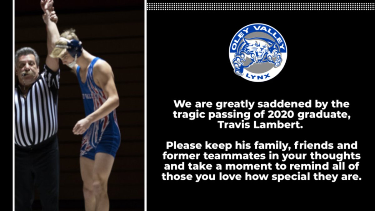 OVLynx's tweet photo. Travis is one of only 10 OV wrestlers to have at least 100 career wrestling victories.  His work ethic in the wrestling room set a great example for his teammates and he would do whatever he could to get into the wrestling room to workout with his brother, Dylan.  RIP Travis 🤼‍♂️💙 https://t.co/xrPLbM4rPW