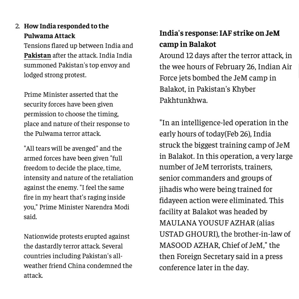 1/6 The terrorist attack by Jaish-e-Mohammed on 14th Feb 2019. The counter attack by India on the terrorist camps of Jaish-e-Mohammad on 26th Feb 2019. The failed counter (?!) attack by Pakistan in response on 27th Feb 2019.