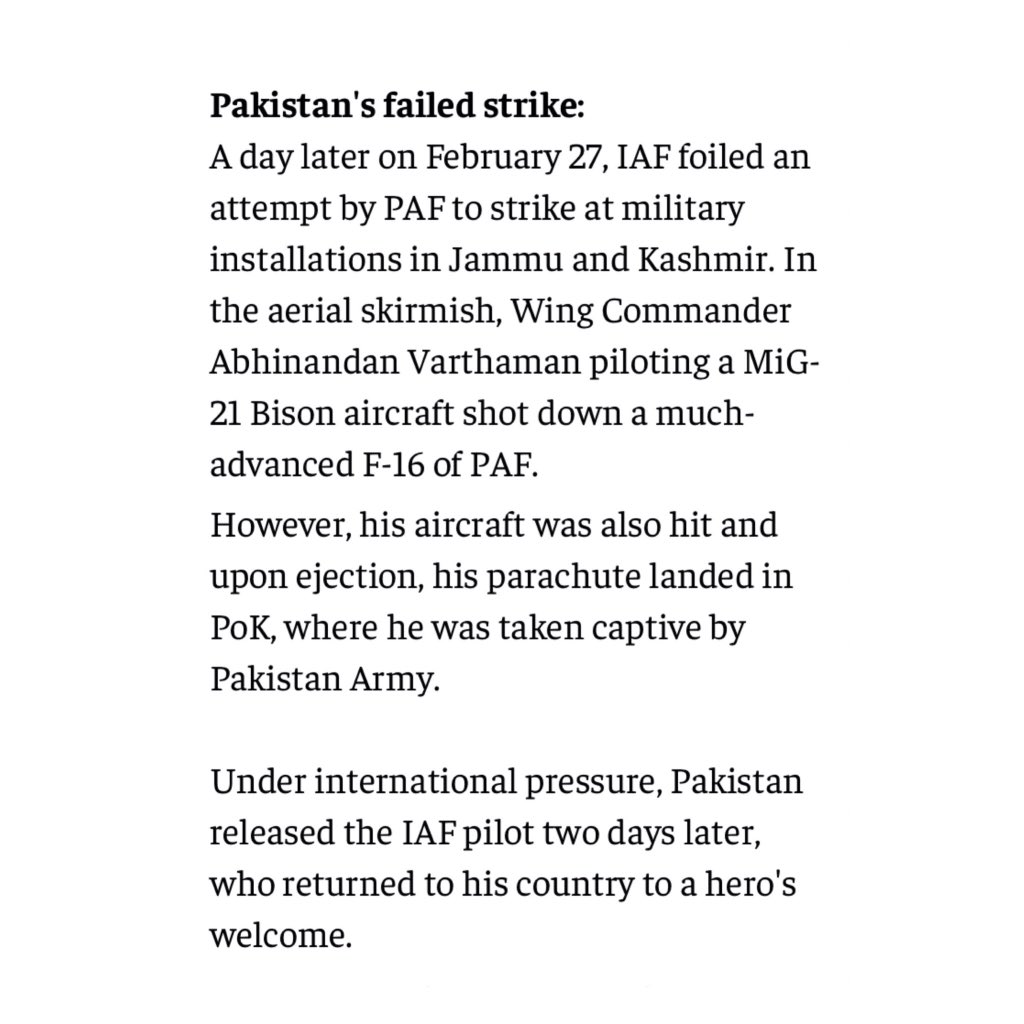 1/6 The terrorist attack by Jaish-e-Mohammed on 14th Feb 2019. The counter attack by India on the terrorist camps of Jaish-e-Mohammad on 26th Feb 2019. The failed counter (?!) attack by Pakistan in response on 27th Feb 2019.