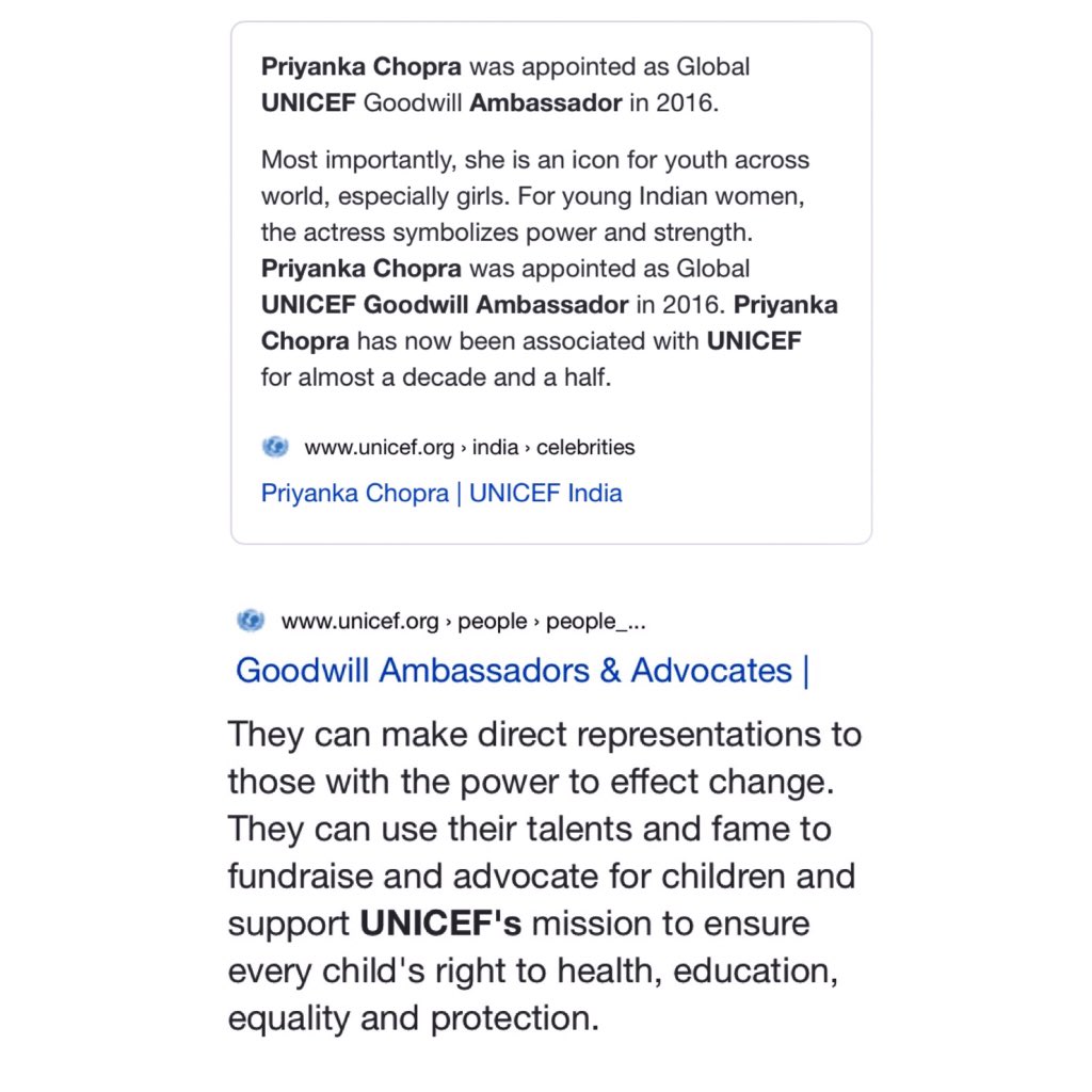 4/6 The duties of Priyanka Chopra as global UNICEF Goodwill ambassador. Response of Secretary General of the UN.