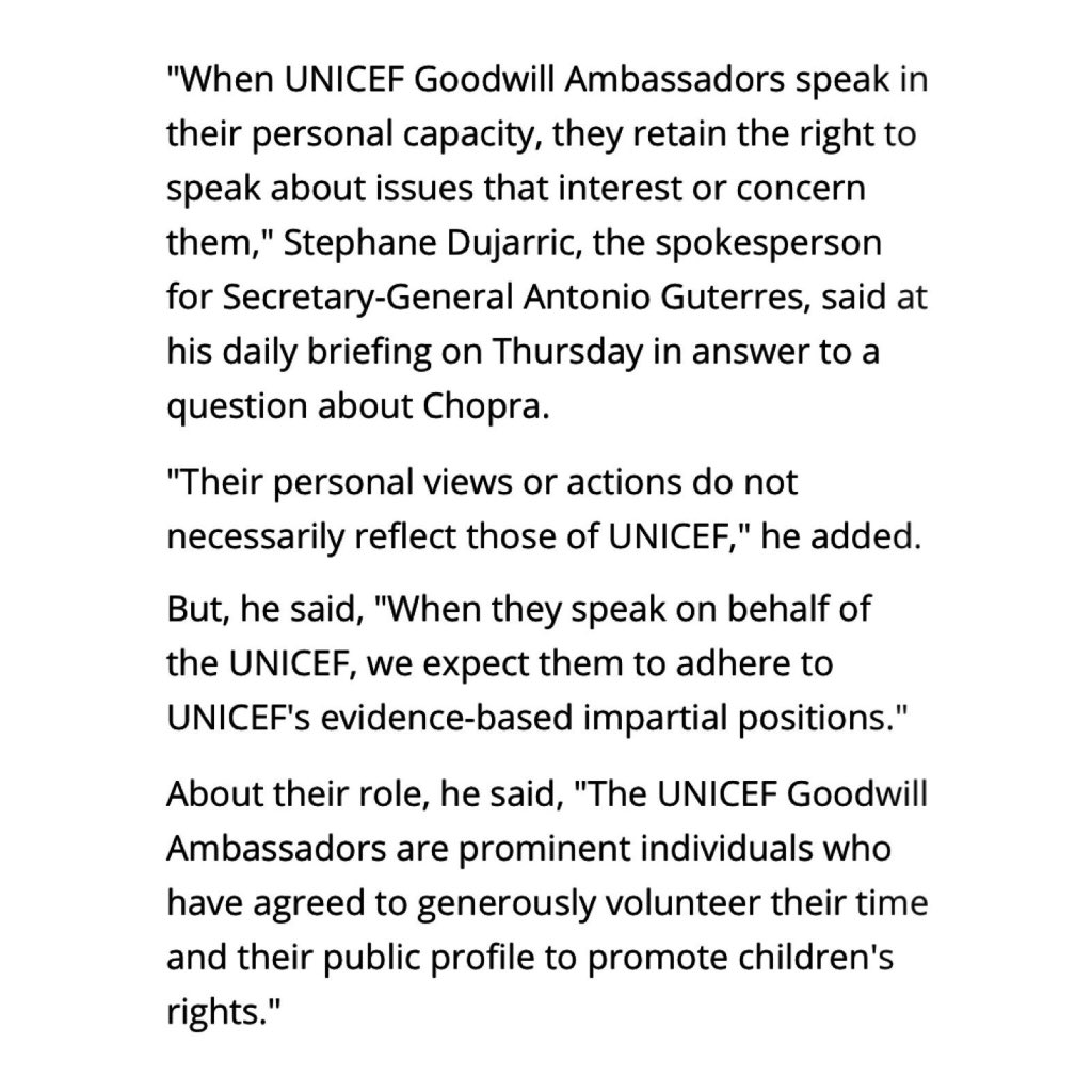 4/6 The duties of Priyanka Chopra as global UNICEF Goodwill ambassador. Response of Secretary General of the UN.