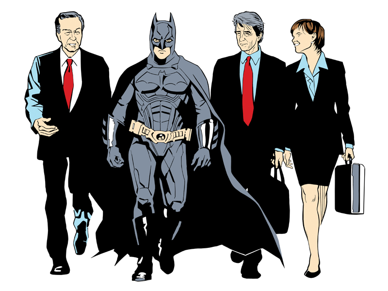 "Crimefighters (Credits March)." I remember someone got mad at me because the Christian Bale Batman is not contemporary to this Law & Order cast.  https://brandonbird.myshopify.com/collections/prints/products/crimefighters-signed-print