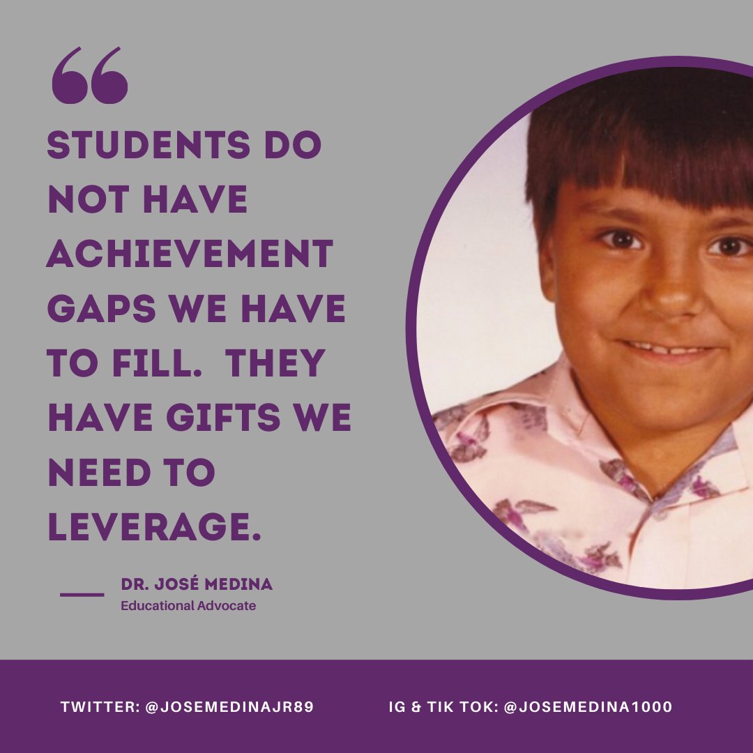 JoseMedinaJr89's tweet photo. When we say that students have achievement gaps, are we maintaining the monocultural and monolingual educational systems of oppression that marginalized them in the first place?  Asking for my younger self who was labeled at-risk from the moment I entered the school building. https://t.co/WGDu0HqOcB