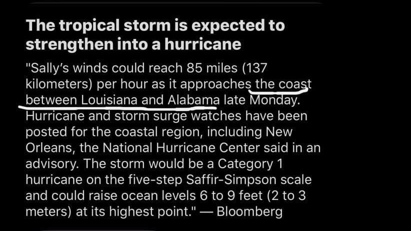 Sally is going to "approach the coast between Louisiana and Alabama," according to Bloomberg.What coast is that, Bloomberg? 