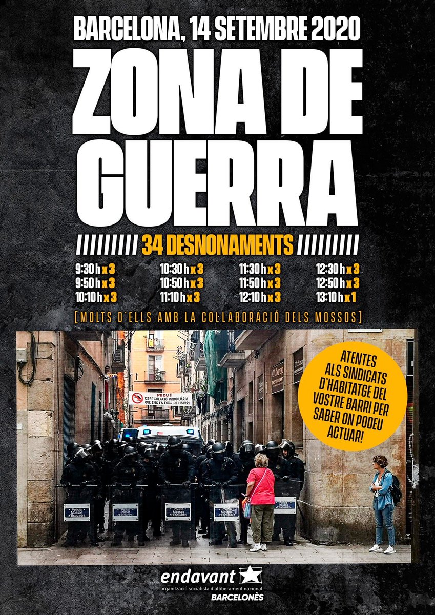 Endavant_Bcn's tweet photo. ⚠BCN ZONA DE GUERRA⚠
Després de 6 mesos i un dia de treva, demà es reactiven els desnonaments regulars a Barcelona, amb 34 llançaments programats.

👉Atentes als sindicats d'habitatge del vostre barri per saber on podeu actuar! #ForçaSindicat https://t.co/Yf9CKV8ynQ