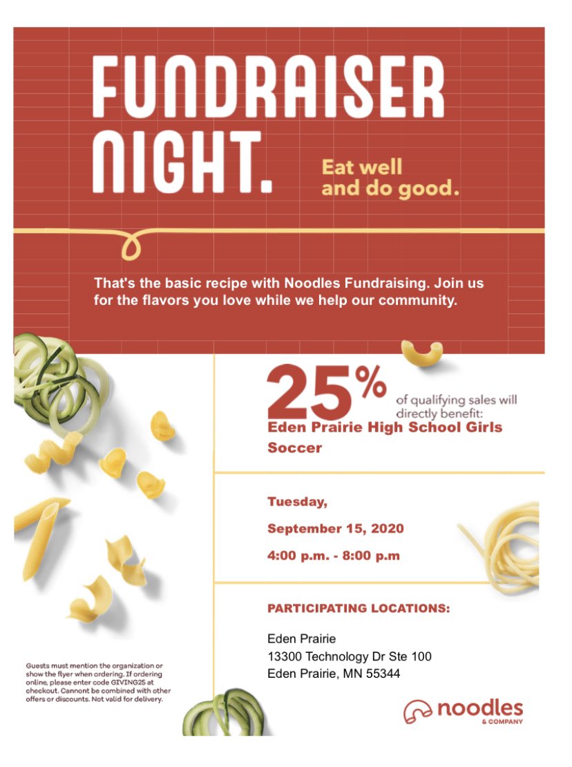 Stop by Noodles in Eden Prairie on Tuesday night to help support Girls Soccer‼️🦅