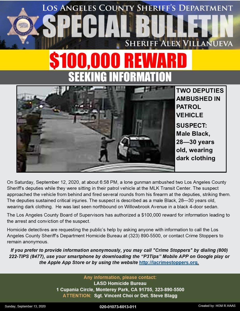 $100K REWARD OFFER in Manhunt for Suspect in Ambush Shooting of 2 LA Sheriff’s Deputies #Compton #LASD

Call investigators with your tips to 323-890-5500. 
facebook.com/LosAngelesCoun…