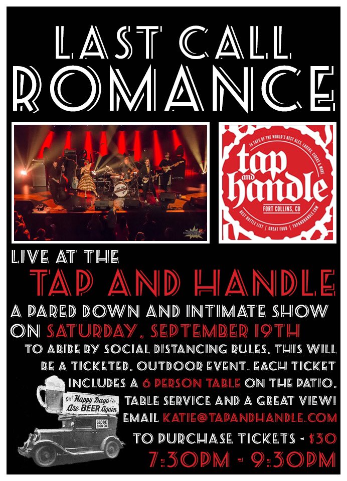 Last Call Romance (@lastcallromanc) on Twitter photo We are playing a couple of intimate sets for everyone on the patio at the Tap and Handle Saturday, September 19th from 7:30 to 9:30pm! To abide by social distance rules, they are making this a ticketed event. Email katie@tapandhandle.com to purchase your ticket.<a href="/TapandHandle/">Tap and Handle</a> We are playing a couple of intimate sets for everyone on the patio at the Tap and Handle Saturday, September 19th from 7:30 to 9:30pm! To abide by social distance rules, they are making this a ticketed event. Email katie@tapandhandle.com to purchase your ticket.<a href="/TapandHandle/">Tap and Handle</a>