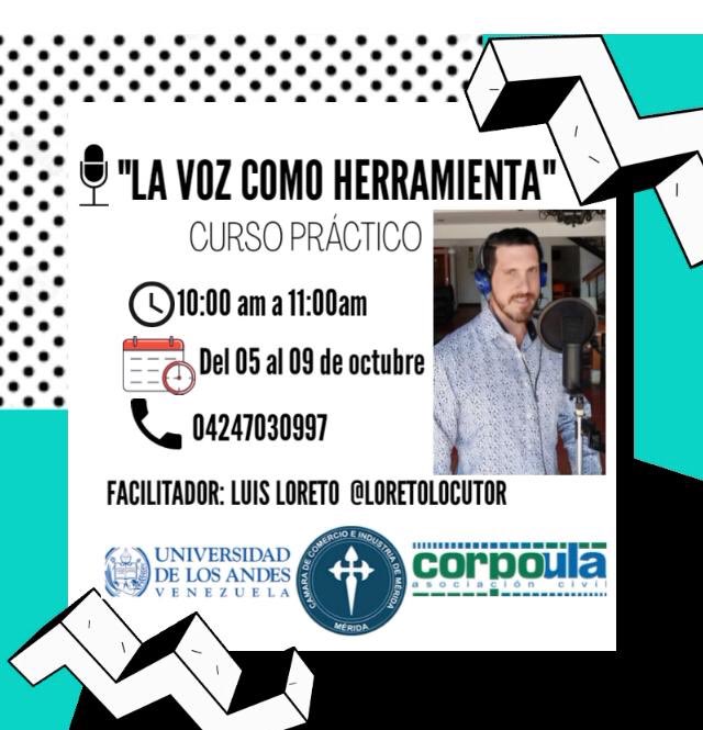 Invitamos a toda la comunidad universitaria y merodeos en general, al Curso Práctico “LA VOZ COMO HERRAMIENTA” 🎙facilitado por el reconocido locutor <a href="/LoretoLocutor/">Loreto Locutor</a> para mayor información comunícate al 0424730997