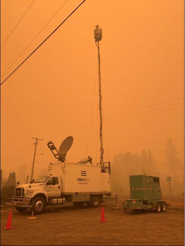 ATTNEWS's tweet photo. The @FirstNet team has strategically deployed SatCOLTs to help increase coverage in areas affected by #wildfires. To support our customers &amp; #publicsafety, we've also deployed a fleet of mobile generators &amp; other resources to our facilities and cell sites. https://t.co/ZCZwUst3bm https://t.co/DJBLAC7Zmt