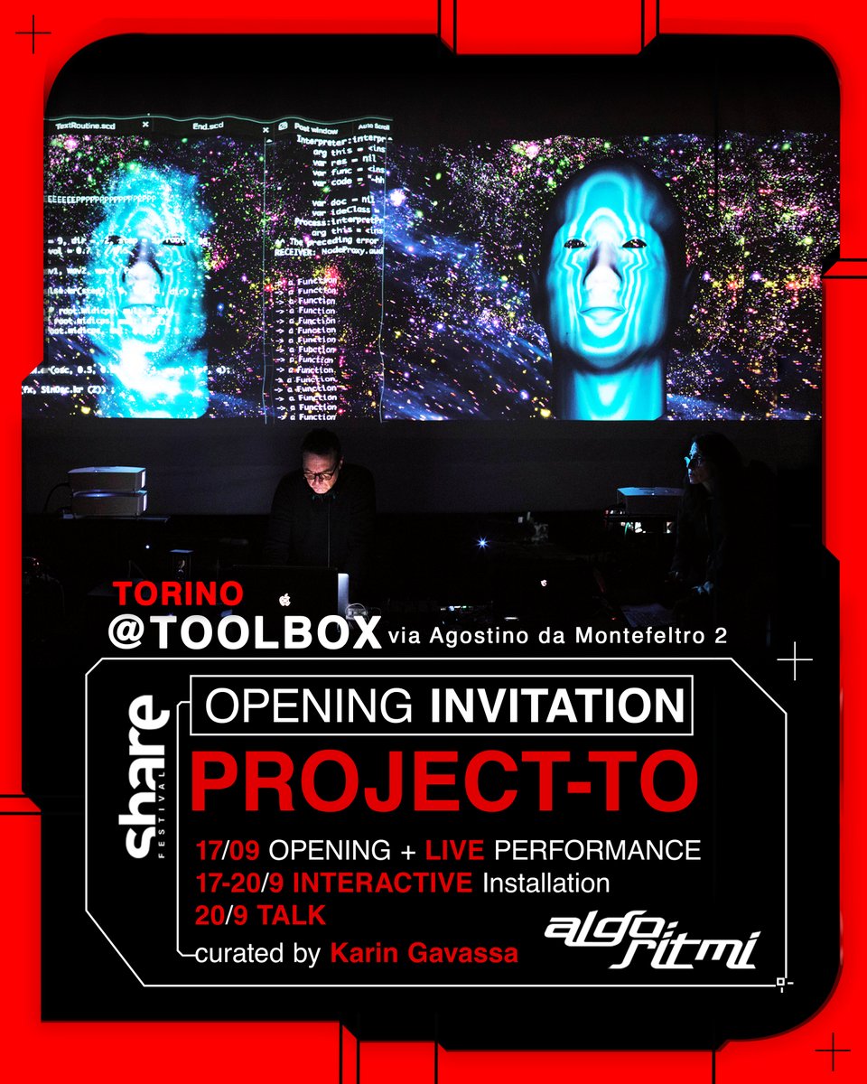We are proud to present
Project-To - [Id]entity x ShareFestival

project conceived with Algo:Ritmi,
It investigates how to face the AI challenge in our lives through human creativity vs machine learning

Opening Performance + Installation 17/9
Free Entry lnkd.in/dmUCga8