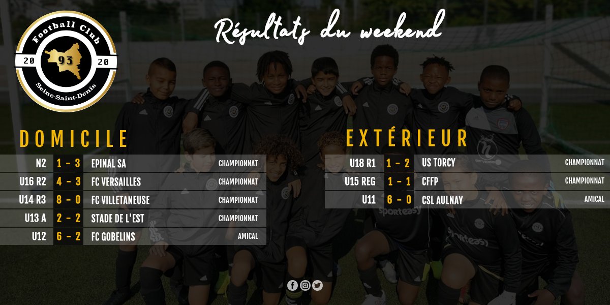 FC93officiel's tweet photo. 📸⚽⚪⚫
Résultats du week-end de nos équipes.
#TEAMAFB #FORMATION #PROJETCLUB #football #teamfc93 #plaisir https://t.co/7xHTkqCabk
