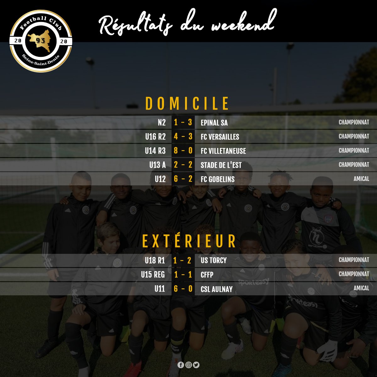 FC93officiel's tweet photo. 📸⚽⚪⚫
Résultats du week-end de nos équipes.
#TEAMAFB #FORMATION #PROJETCLUB #football #teamfc93 #plaisir https://t.co/7xHTkqCabk