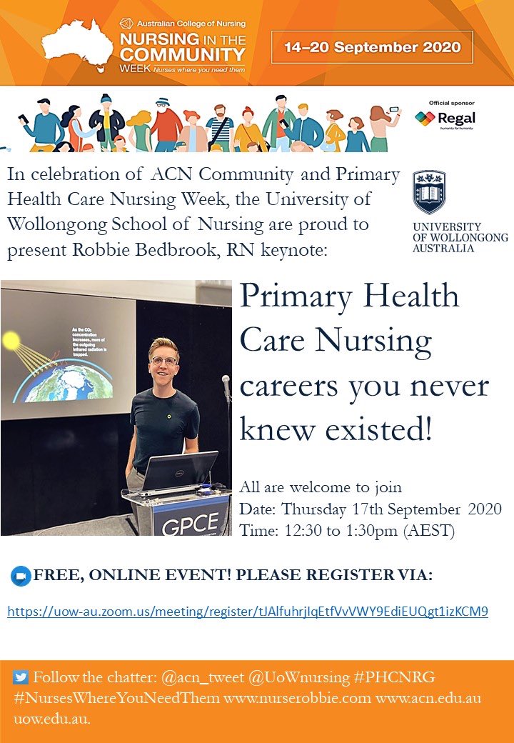 This <a href="/UoWnursing/">UOW School of Nursing</a> @acn_tweet colab to celebrate #NursesWhereYouNeedThem is shaping up to be an inter-university event with <a href="/utsSoNM/">UTS School of Nursing & Midwifery</a> <a href="/westernsydusonm/">westernsydusonm</a> <a href="/Flinders/">Flinders University</a> <a href="/HealthUNE/">HealthUNE</a> <a href="/usqedu/">usqedu</a> <a href="/unimelb/">abhi kumar</a> representing.
All welcome! Register below. <a href="/Regal_Health/">Regal Home Health #humanity4humanity</a> #PHCNRG #PHC #NurseTwitter