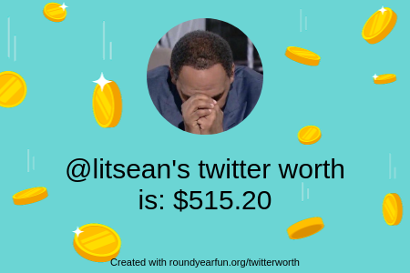 litsean's tweet photo. My Twitter worth is: $515.20

Find yours with https://t.co/GCF1Q1DI9Z

⠀ https://t.co/kjwdkDWCef