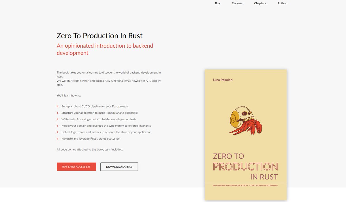 algo_luca's tweet image. 4 months, 3 chapters, 70 pages, 51827 words later...

I am so happy to announce that &quot;Zero To Production In @rustlang&quot; can now be pre-ordered at zero2prod.com 🎉🎉

It includes the book code, PDF, ePUB and MOBI.

Feeling quite proud right now.
