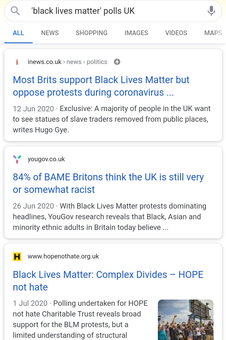 If you just Google 'Black Lives Matter polls UK' you get a wide range of different pollsters and a range of media outlets finding different types of angles from those polls. It is extraordinary for neither Liddle himself nor the sub-editors to bother to check this at all