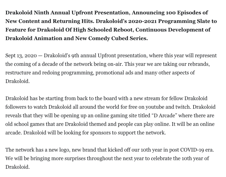 Drakoloid's tweet photo. Drakoloid Upfront Presentation 2020-2021; Celebrating the networks 10th year. 

We are in a new cycle as a network and different time with COVID-19. As a network we will work together to deliver content to bring joy and laughter into your homes during this quarantine season. https://t.co/u8hcUAWrjm