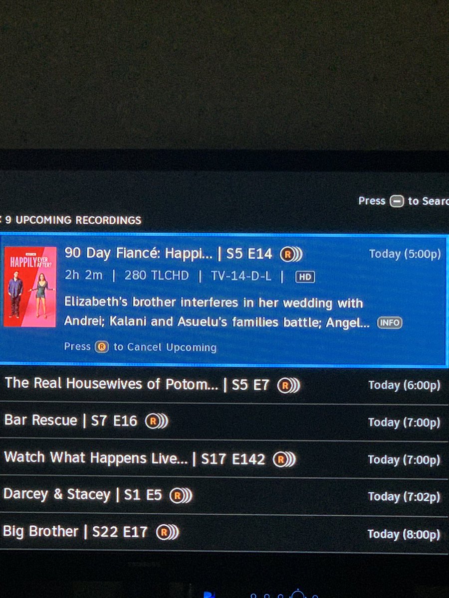 WineOhhhh's tweet photo. Haven’t shown you guys my #TV line up in a while. Today it’s: #90DayFianceHappilyEverAfter and #DarceyAndStacey on @TLC #RHOP and @BravoWWHL on @BravoTV  #BarRescue on @ParamountTVS and #BB22allstars on @CBSLA. What about you? #sipwatchtweet cc @truegemini614 @NgloriusBasterd https://t.co/qOqbFdXzHU