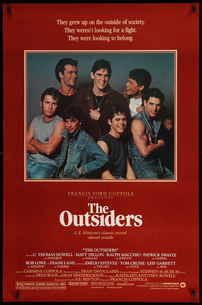 The first movie of our "Playing with the Boys" marathon was THE OUTSIDERS. It's fucking fantastic. The cast. The filmmaking. I now understand several lines I've heard quoted a bunch. "Stay gold, Ponyboy." "Let's do it for Johnny!" I need to see the longer version now.